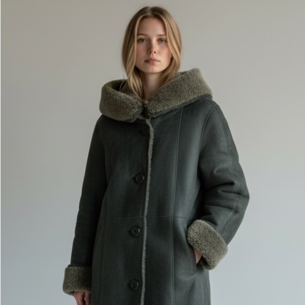 HARTMAN Shearling Coat | Vintage Green Sheepskin Suede Fur Jacket - Picture 3 of 17